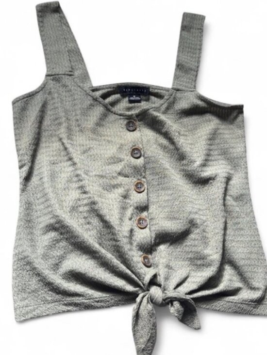 Tops - Olive Green Textured Button Front Tie Hem Tank Top